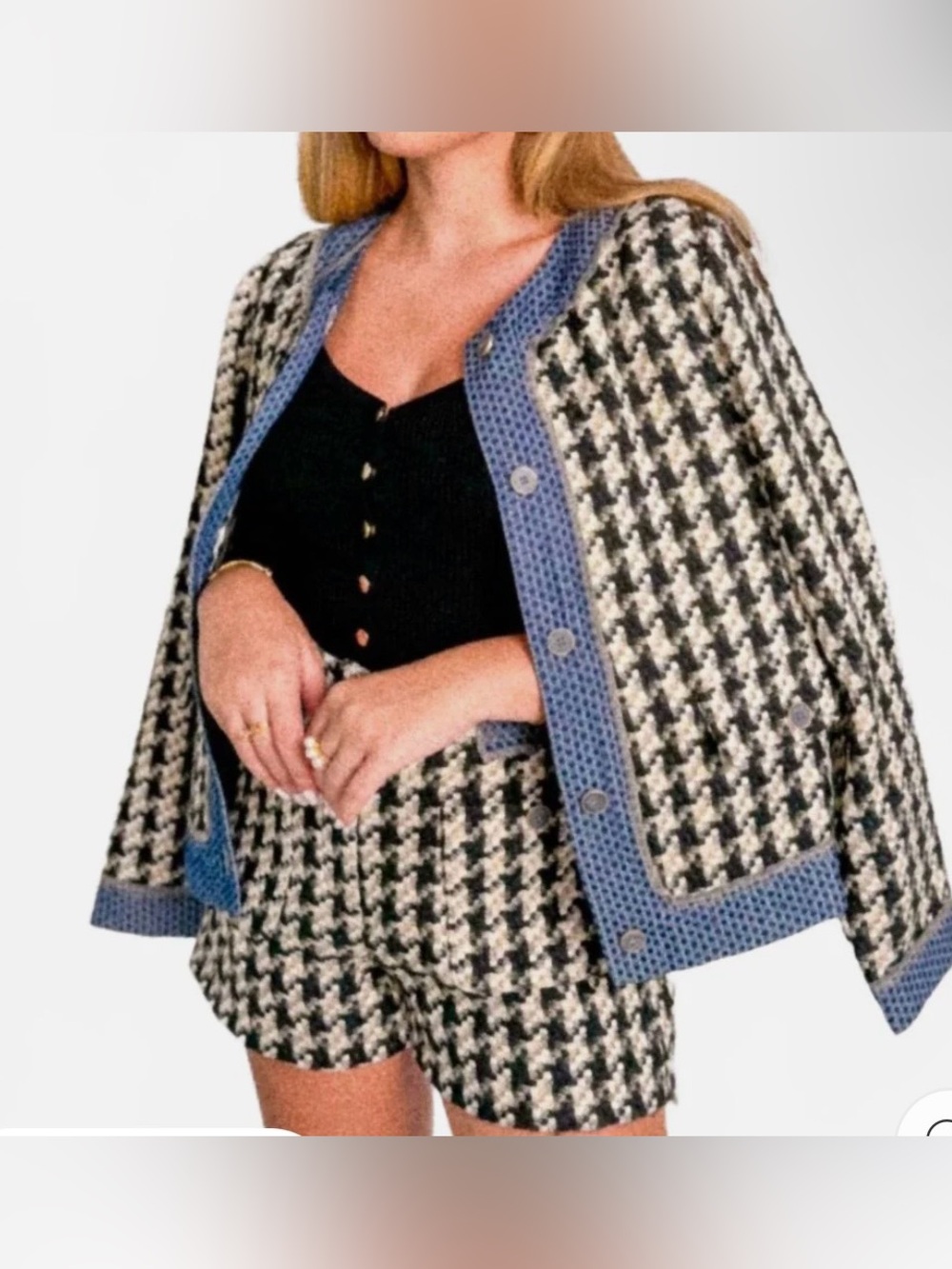 NWT Mystree Tweed Houndstooth Jacket & Shorts 2-Piece Set Blue Trim